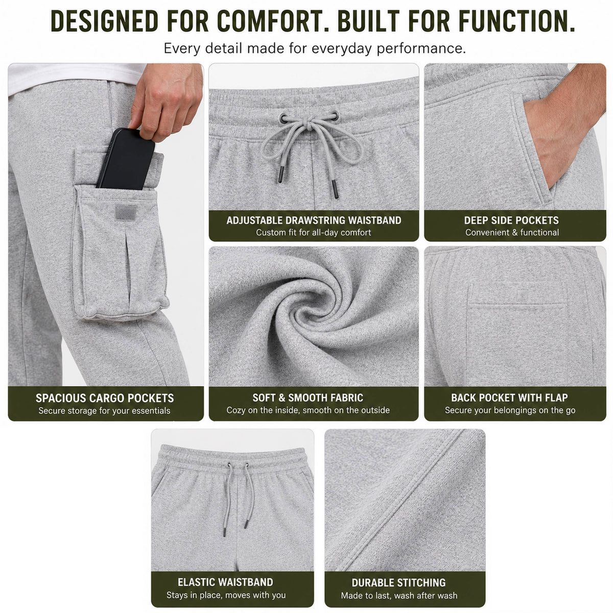 Men's Fleece-Lined Cargo Sweatpants With Open Bottom (S-5XL)