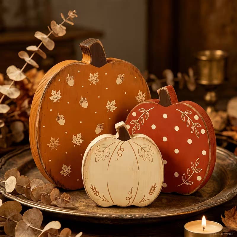 Rustic Wooden Pumpkin Jack O LanternHalloween Decor Set of 3